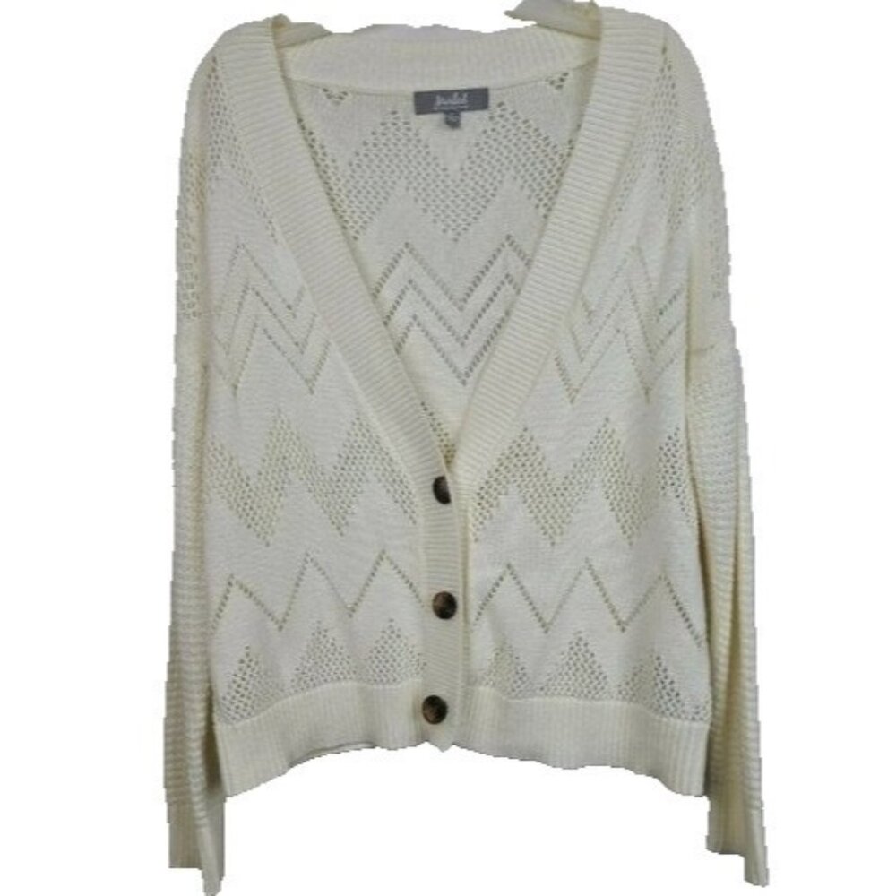 Marled Reunited Womens‎ BOHO Cardigan Medium Cream Open Knit Button Up Cottage